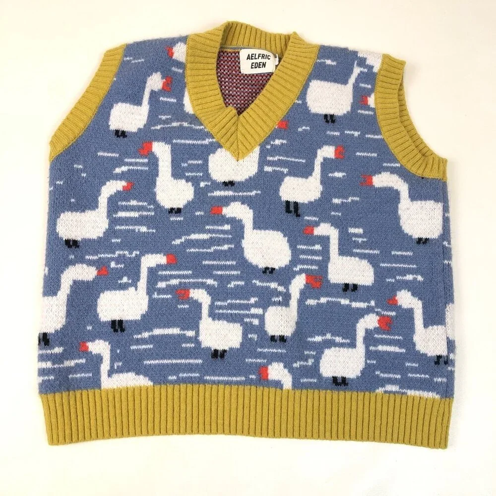 Aelfric Eden Womens Goose Sweater Vest Blue and Yellow Size Small - Picture 3 of 8